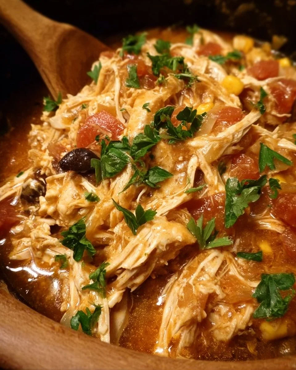 Delicious Crock Pot Fiesta Chicken served with colorful toppings