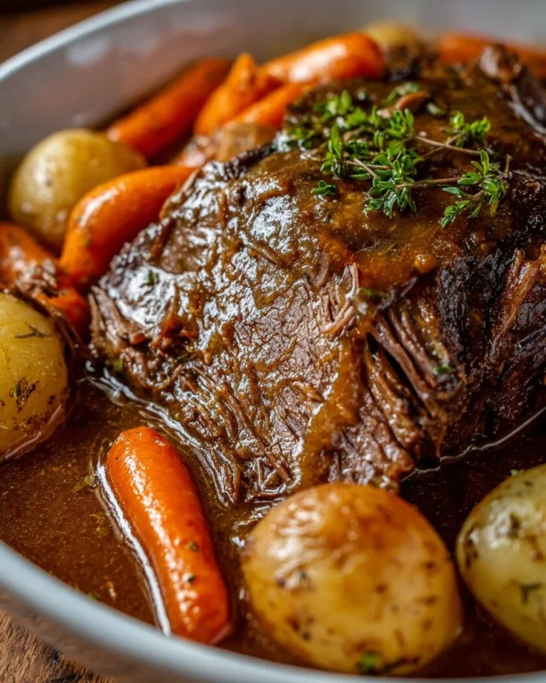 Delicious BEST Crockpot Pot Roast with Gravy served on a plate