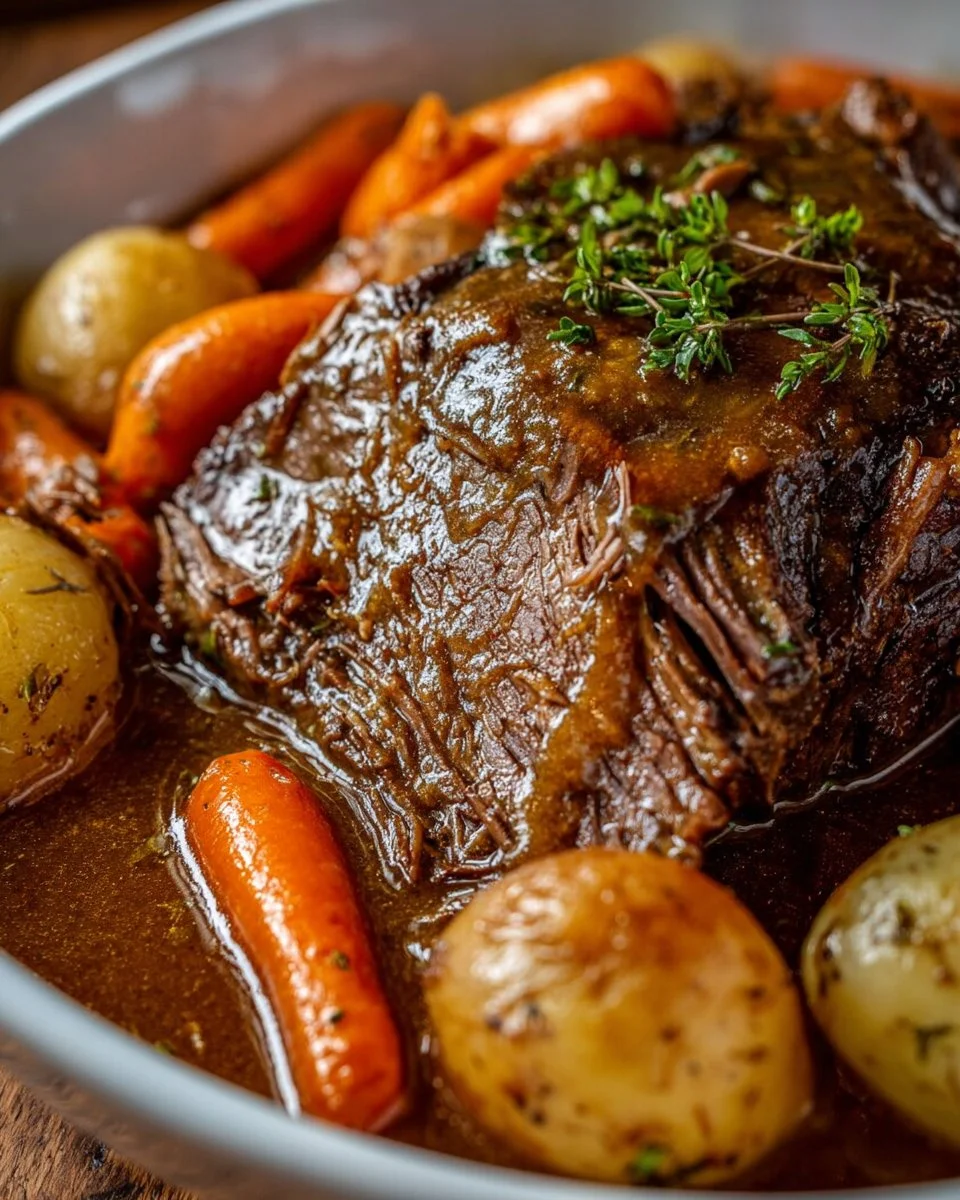 Delicious BEST Crockpot Pot Roast with Gravy served on a plate