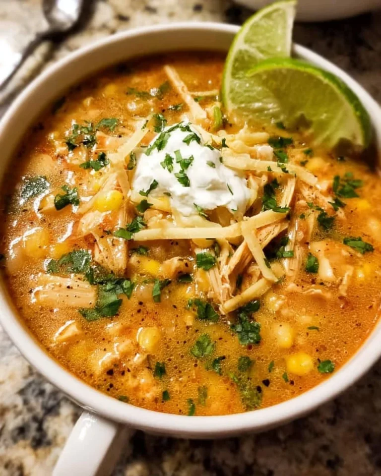 Bowl of high protein white chicken chili topped with fresh herbs and spices