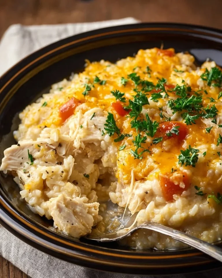 Cheesy chicken and rice cooked in a crockpot, ready to serve.
