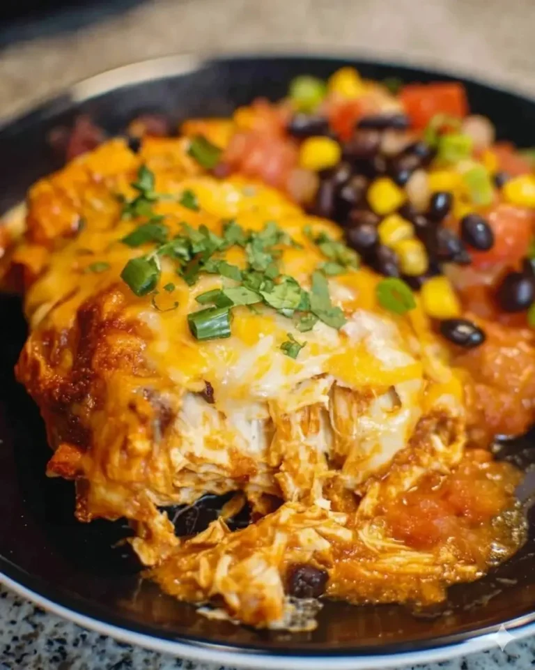 Delicious chicken enchilada crock pot meal served with toppings.