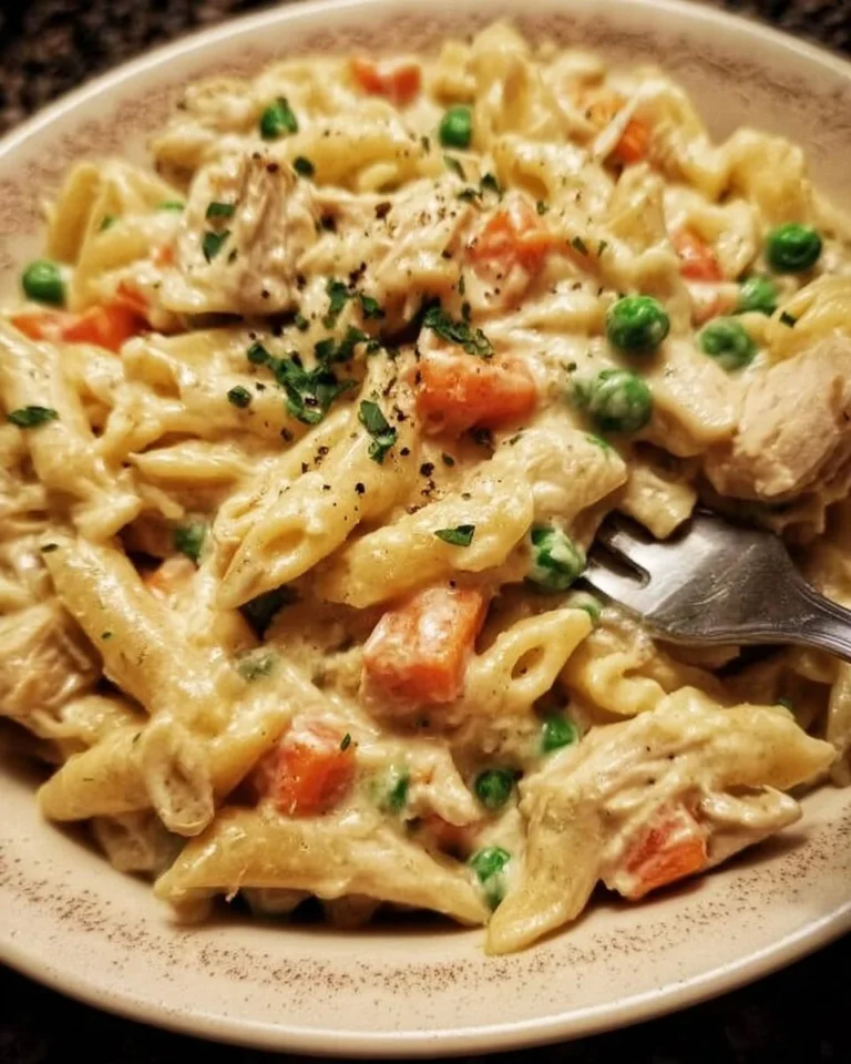 Creamy Chicken Pot Pie Pasta dish with tender chicken and vegetables