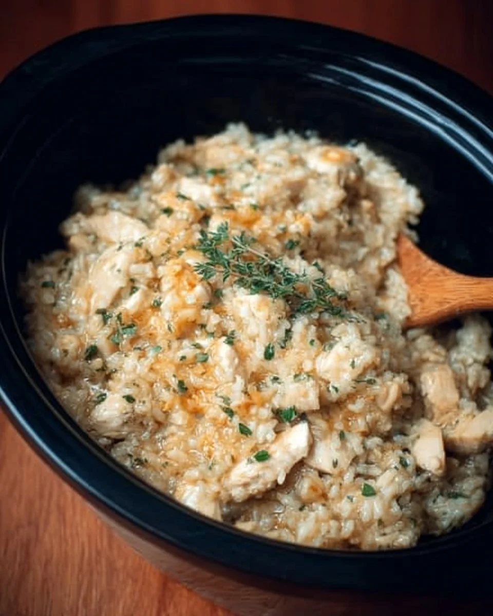 Crock Pot Chicken and Rice dish served in a bowl with fresh vegetables