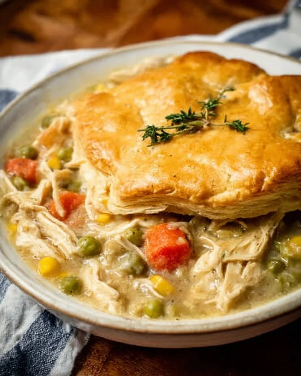Delicious Crock Pot Chicken Pot Pie garnished with herbs