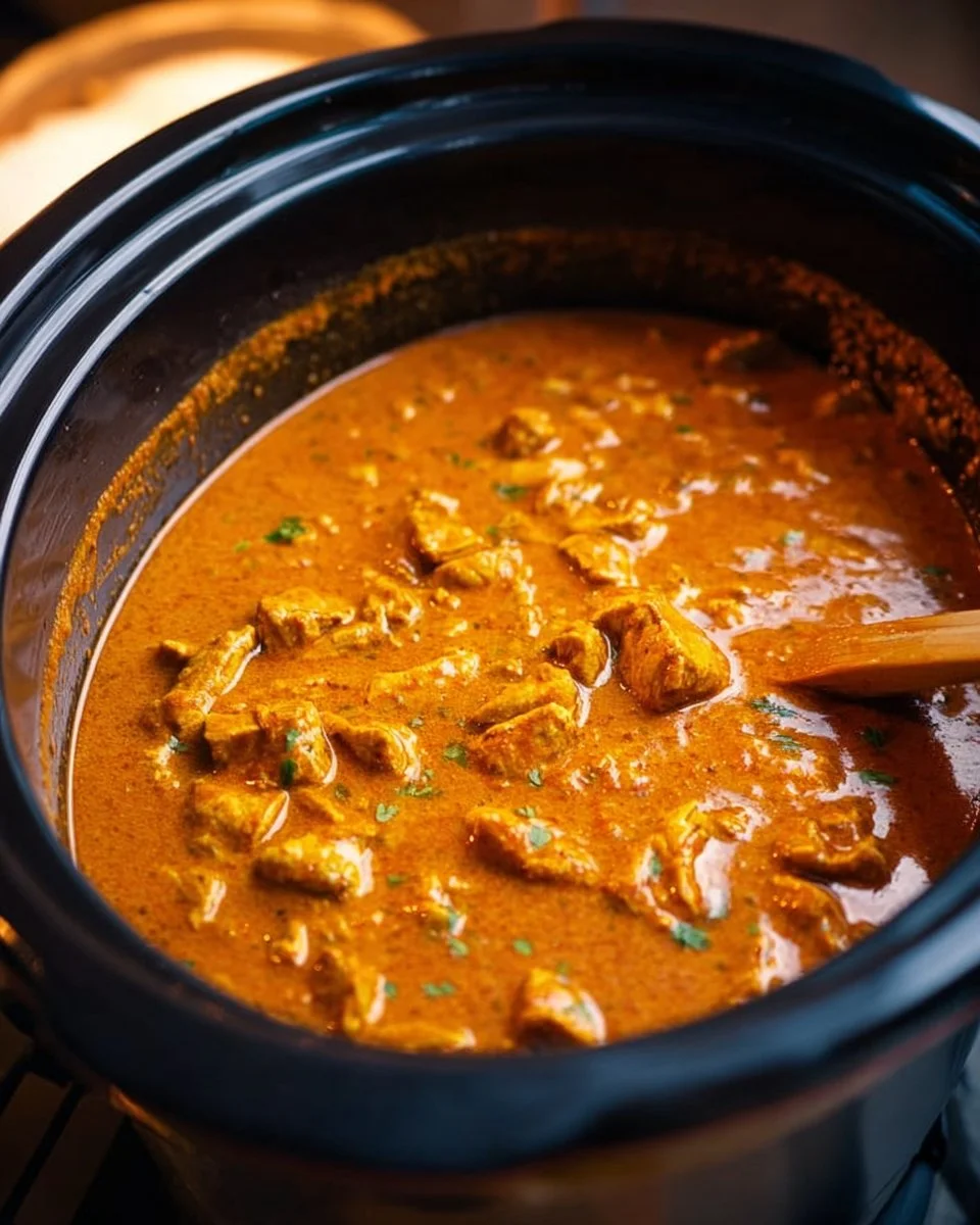 Delicious Crockpot Butter Chicken simmering in a slow cooker with spices