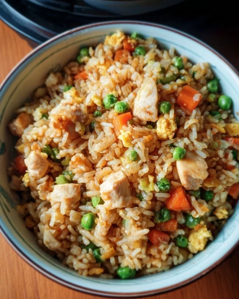 Delicious crockpot chicken fried rice in a bowl ready to enjoy