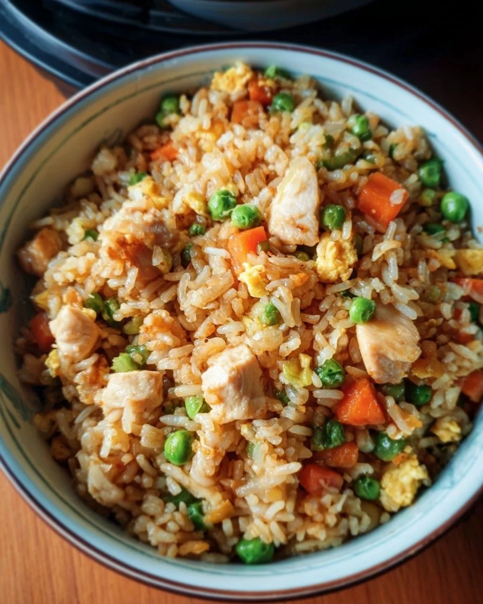 Delicious crockpot chicken fried rice in a bowl ready to enjoy
