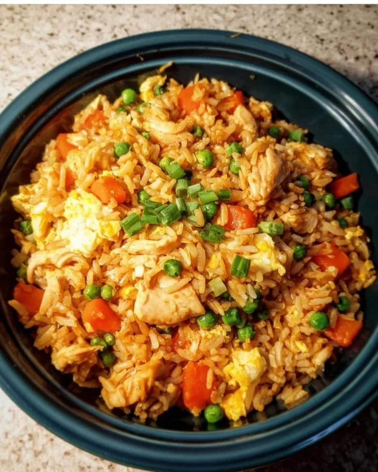 Delicious crockpot chicken fried rice served in a bowl with vegetables