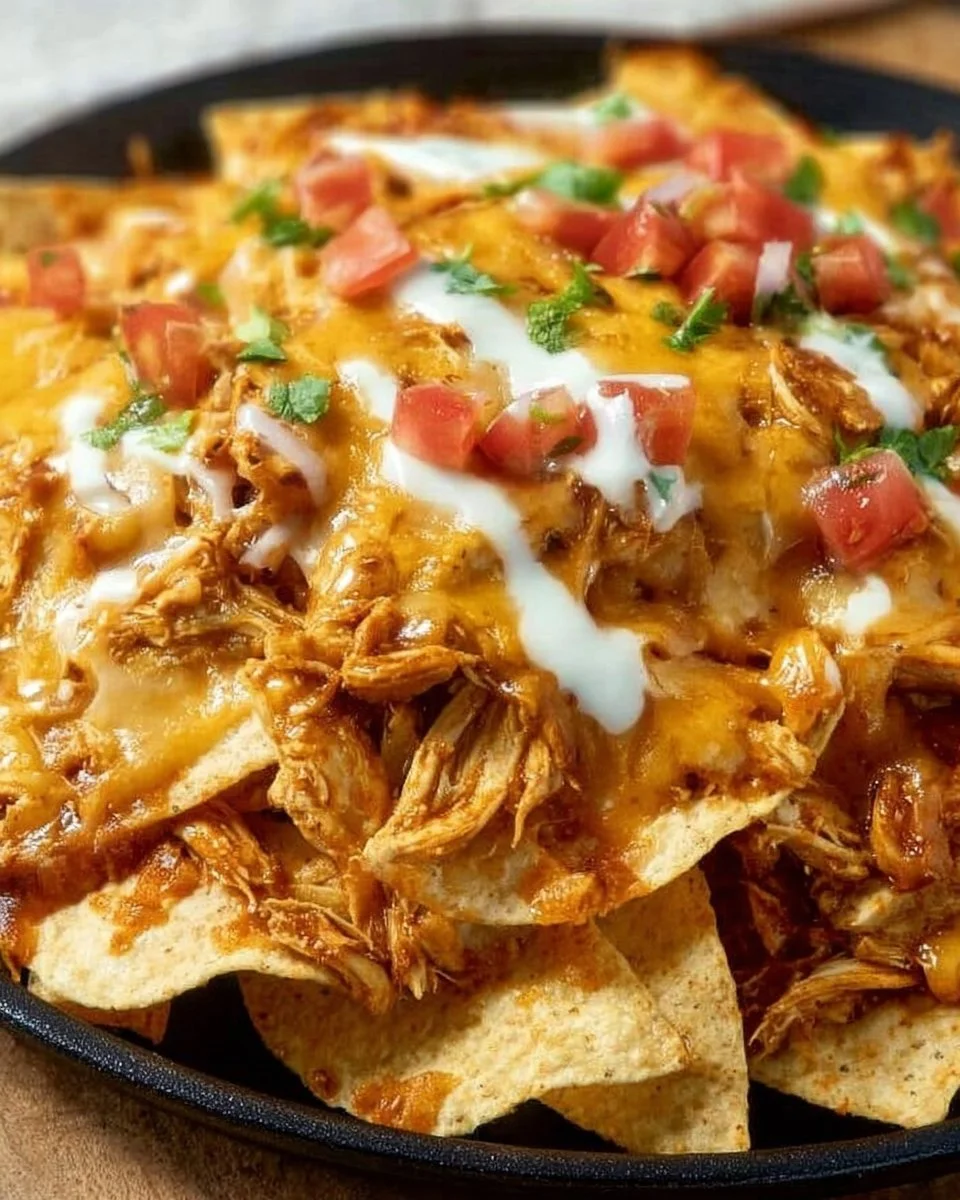 Crockpot chicken nachos topped with cheese and jalapeños on a plate