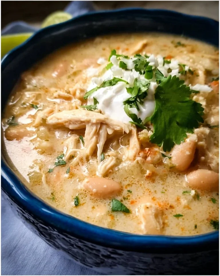 Bowl of Crockpot Creamy White Chicken Chili topped with cilantro and cheese