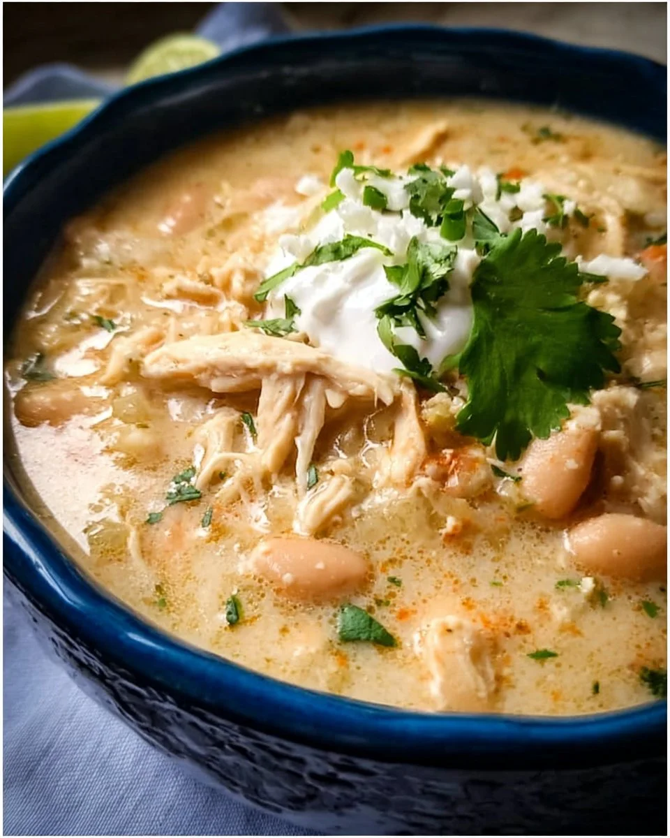 Bowl of Crockpot Creamy White Chicken Chili topped with cilantro and cheese