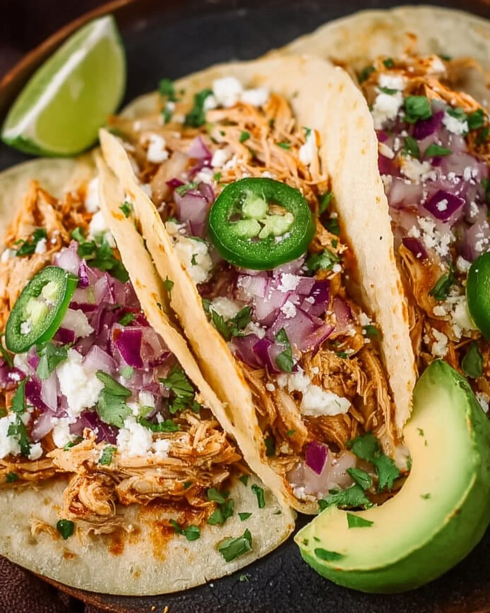 Delicious crockpot shredded chicken tacos topped with fresh ingredients