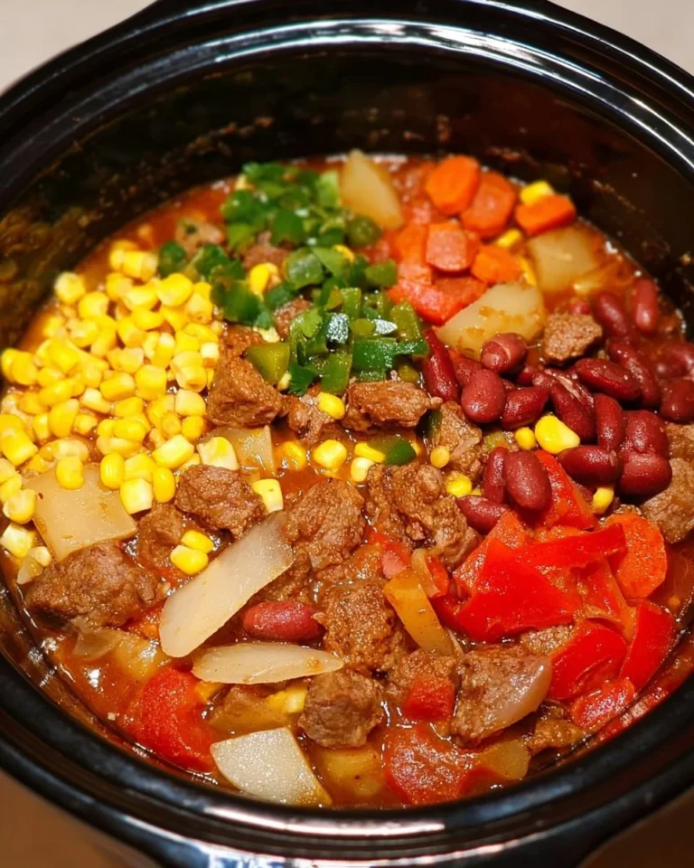 Delicious Crockpot Texas Cowboy Stew served in a bowl with ingredients around it