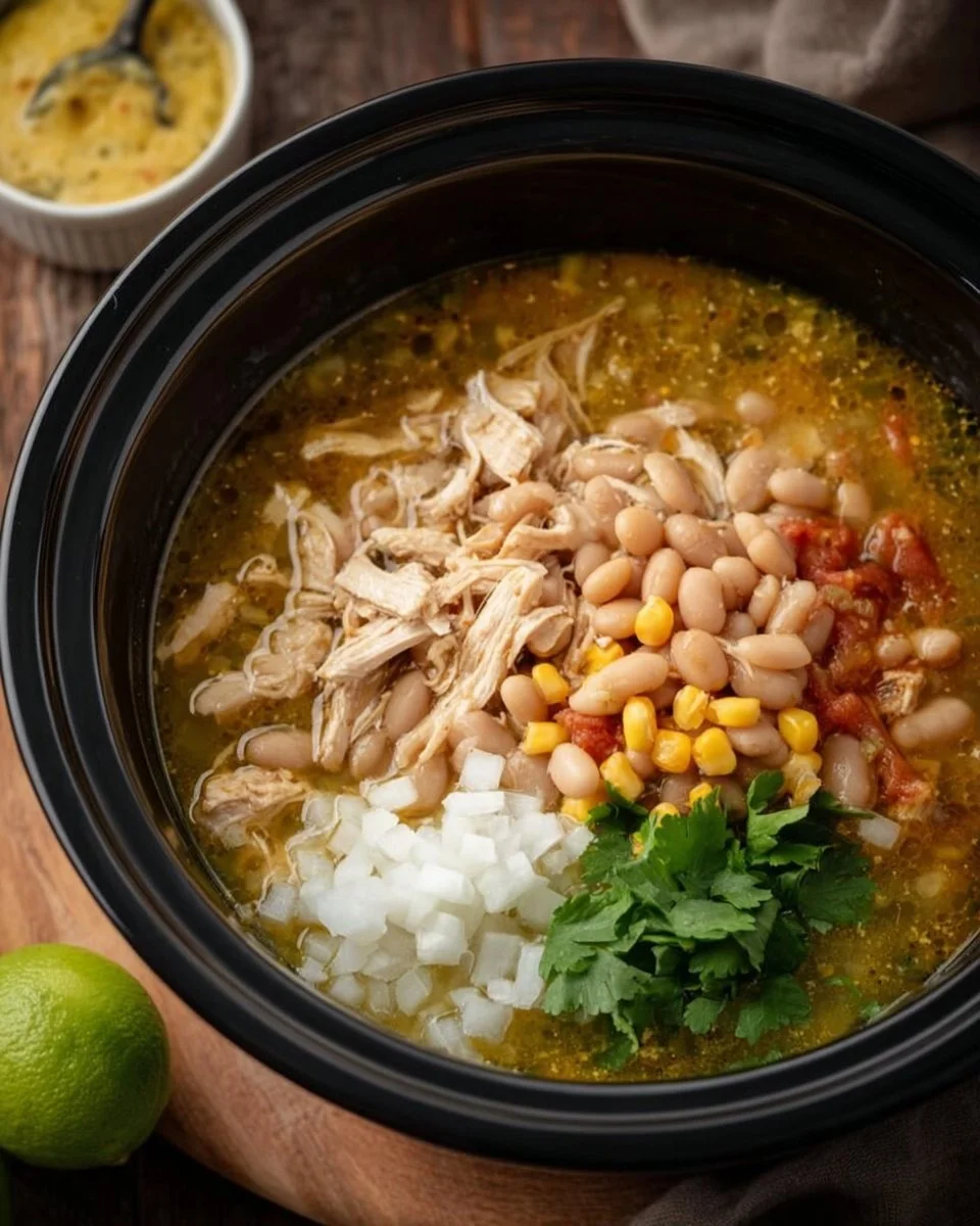 Crockpot White Chicken Chili served in a bowl with fresh toppings