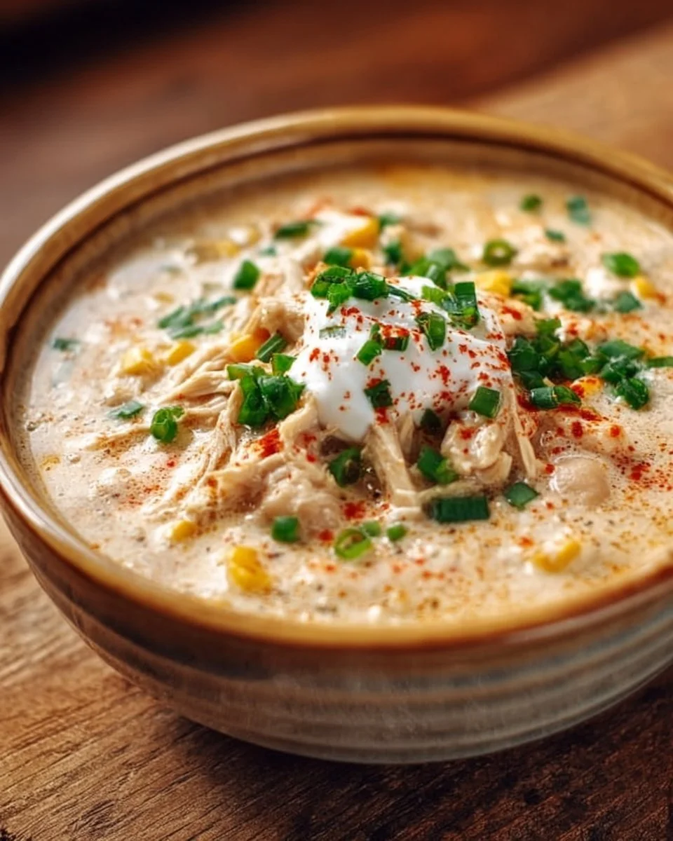 Delicious crockpot white chicken chili with cream cheese in a bowl