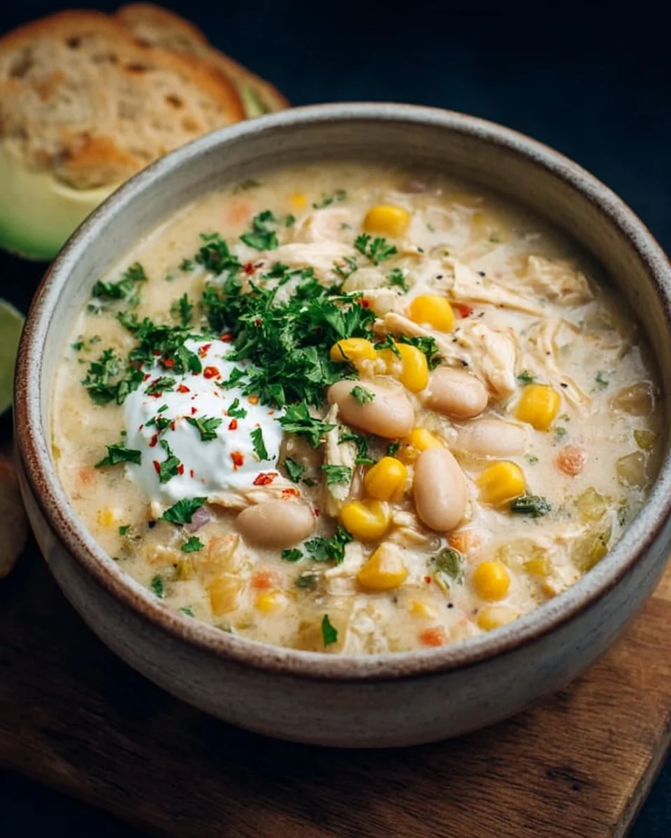 Easy creamy crockpot white chicken chili served in a bowl with toppings