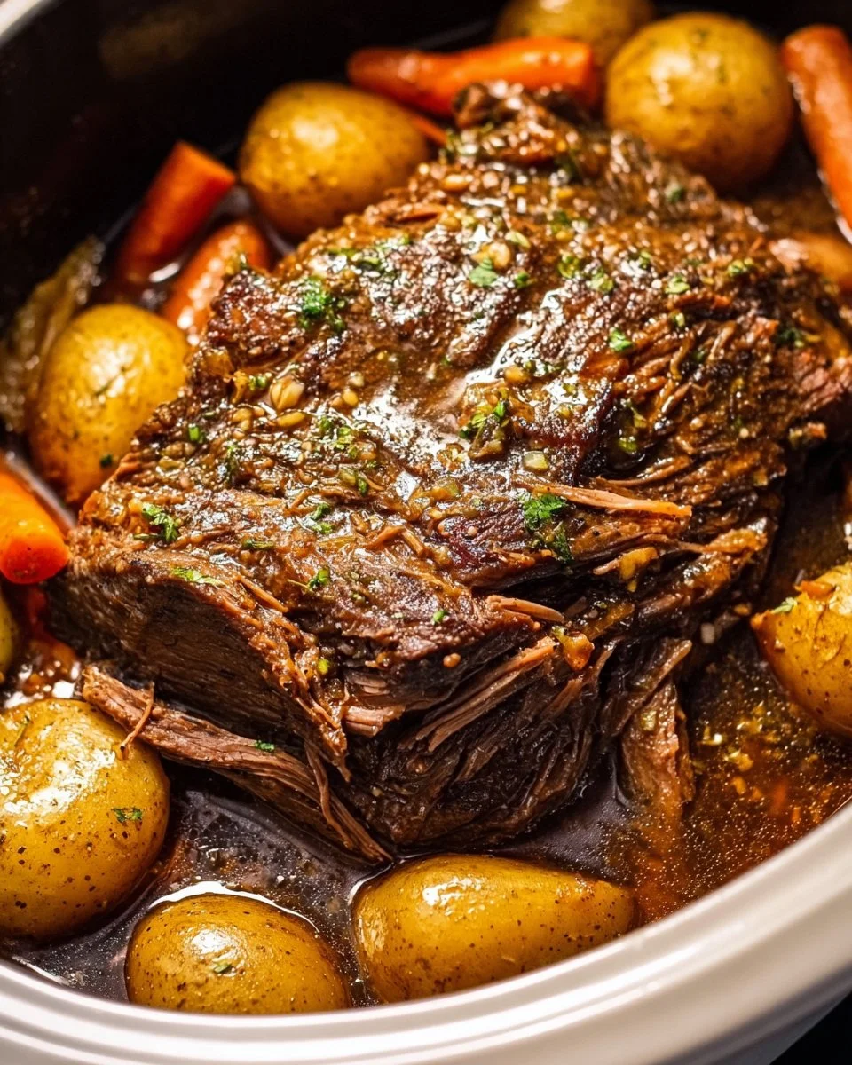 Delicious easy crock pot pot roast with rich gravy served on a plate.