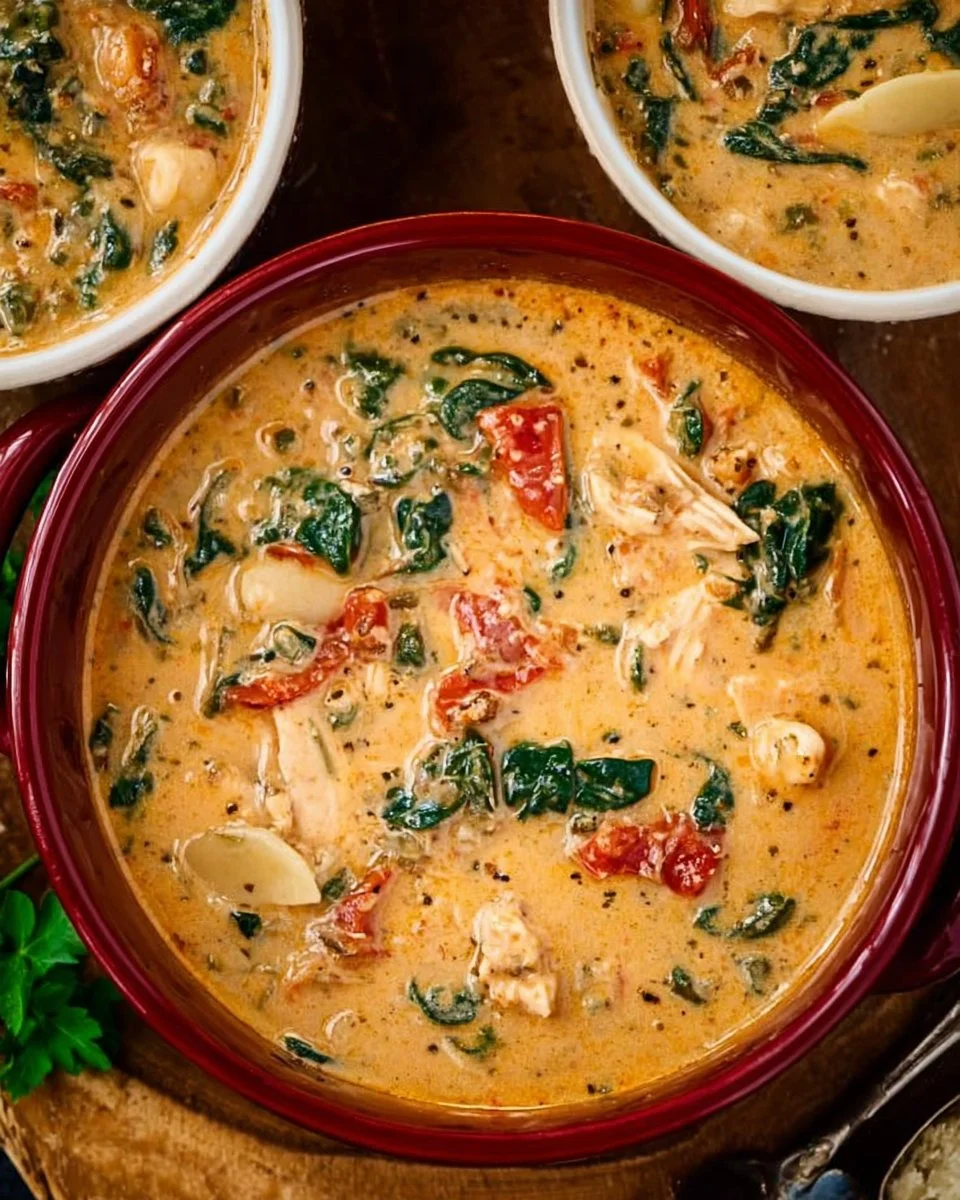 Bowl of Easy Marry Me Tuscan Chicken Soup with herbs and vegetables