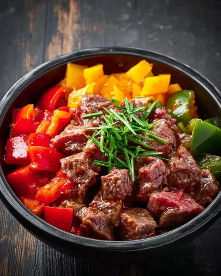 Delicious easy slow cooker pepper steak served with vegetables and rice.