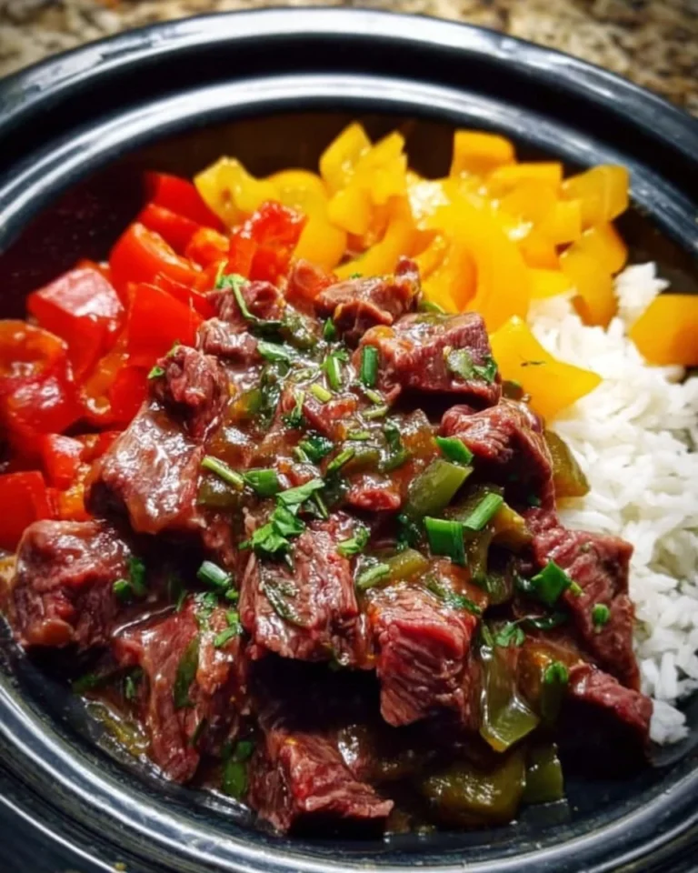 Delicious easy slow cooker pepper steak with colorful bell peppers and beef