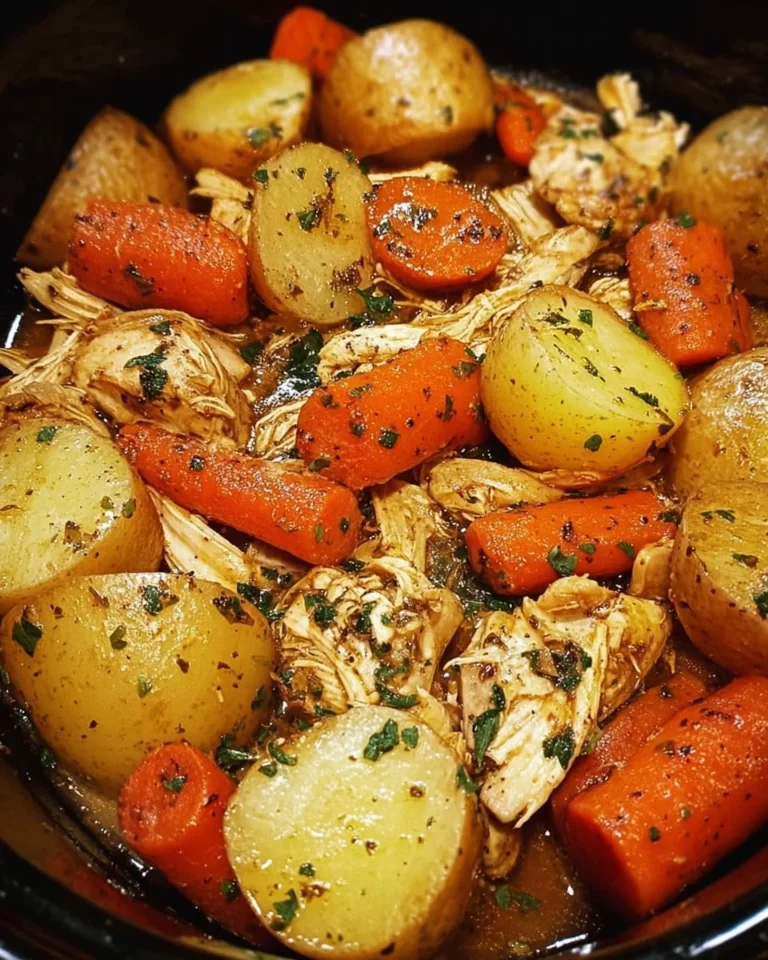 Garlic butter crockpot chicken served with potatoes and carrots in a bowl.