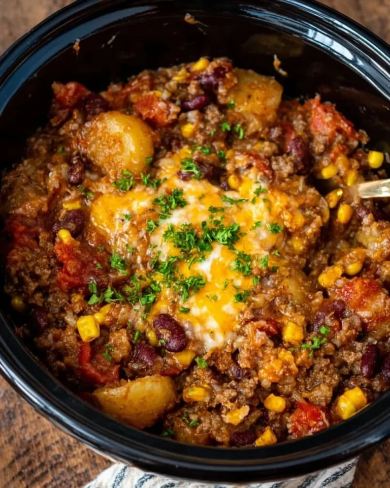 Delicious High Protein Crock Pot Cowboy Casserole served in a bowl.