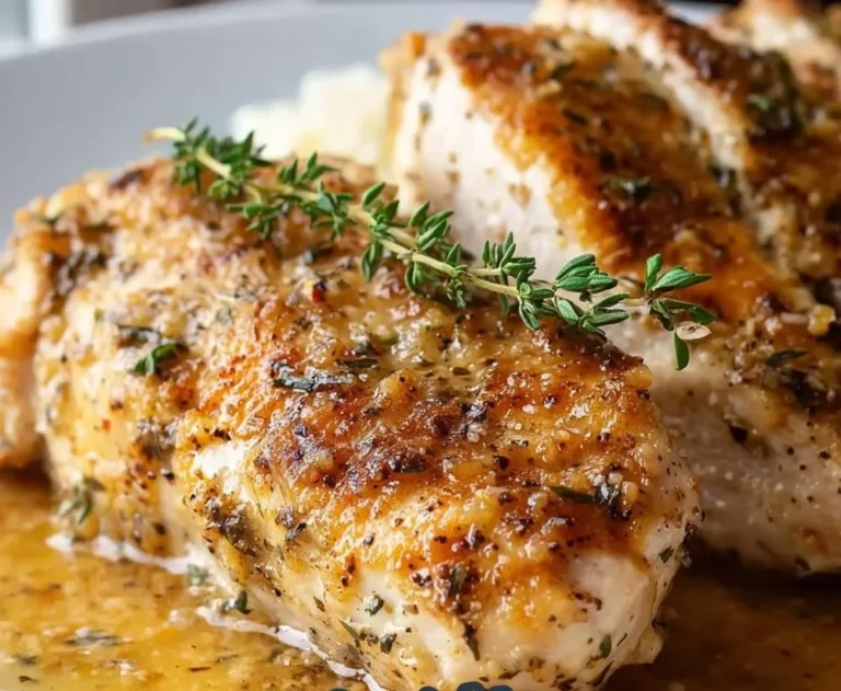 Juicy slow cooker chicken breast garnished with herbs on a plate