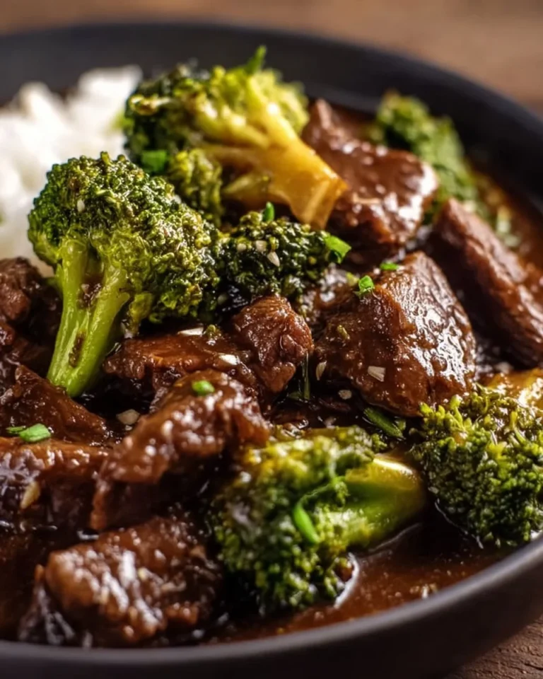 Savory crockpot beef and broccoli served with rice in a bowl.