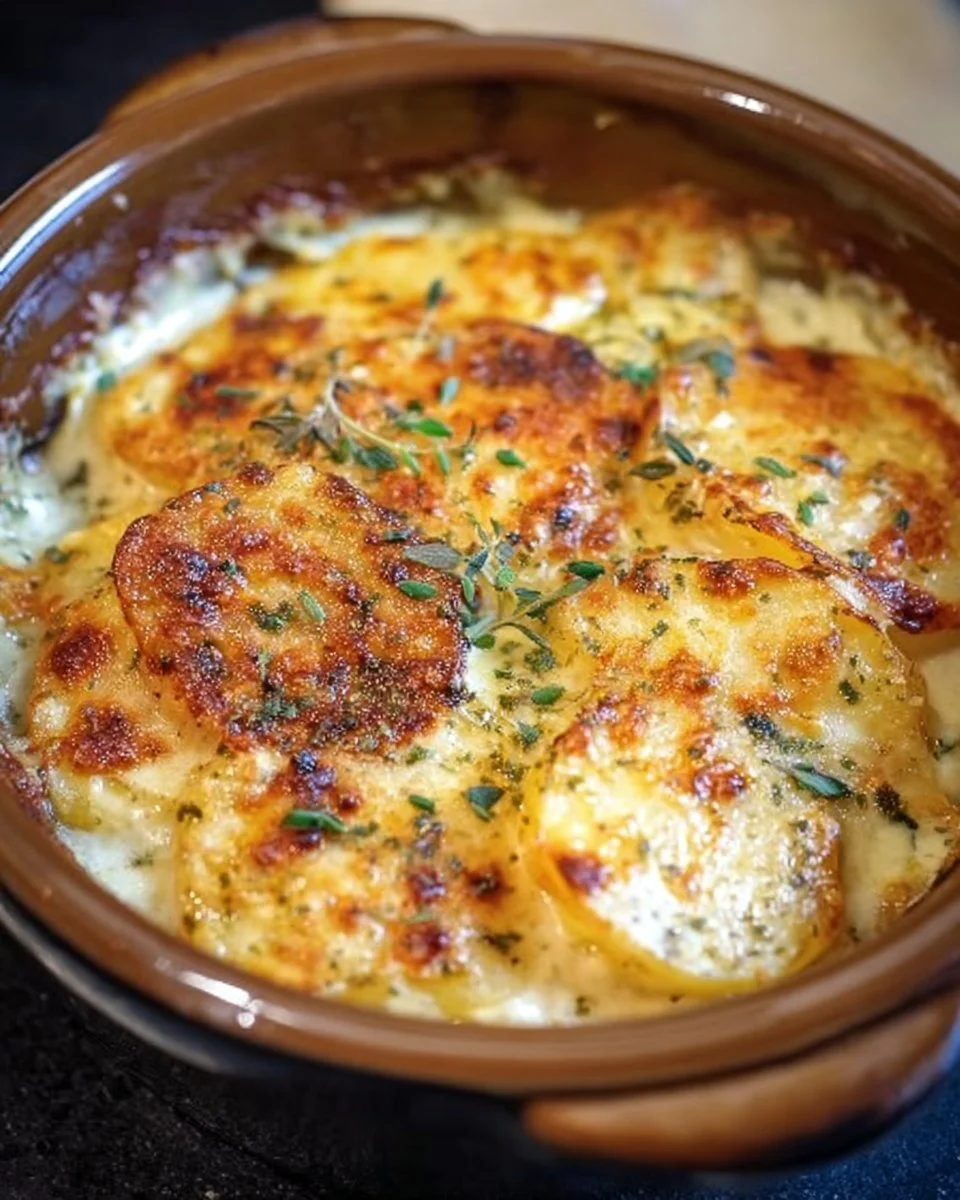 Slow cooker cheesy scalloped potatoes dish served in a bowl