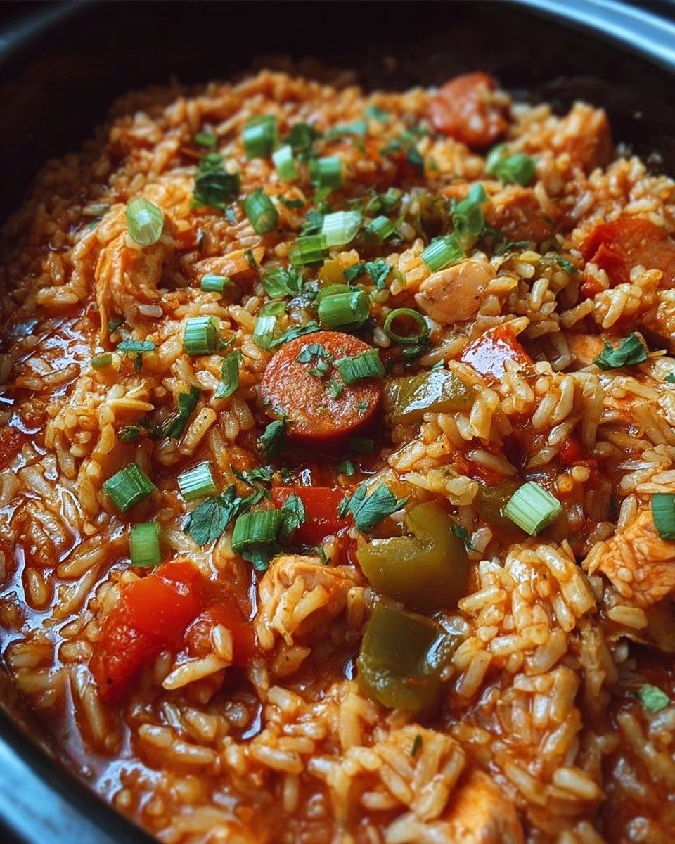A bowl of slow cooker chicken jambalaya filled with rice, chicken, and spices