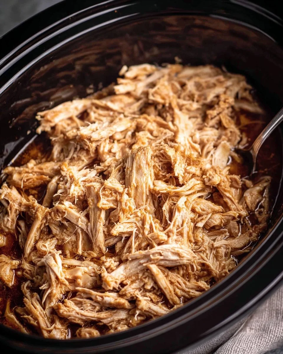Slow cooker pulled chicken served in a bowl with toppings