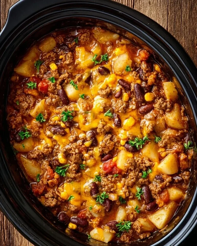 Delicious Slow Cooker Cowboy Casserole ready to serve