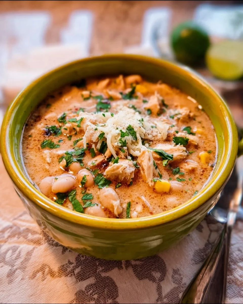 A delicious bowl of white chicken chili served in a crockpot