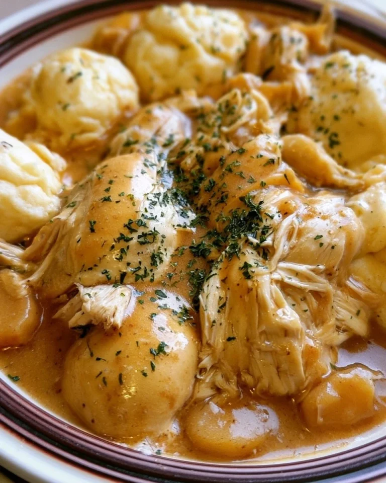 Delicious slow cooker chicken with gravy served on a plate alongside vegetables