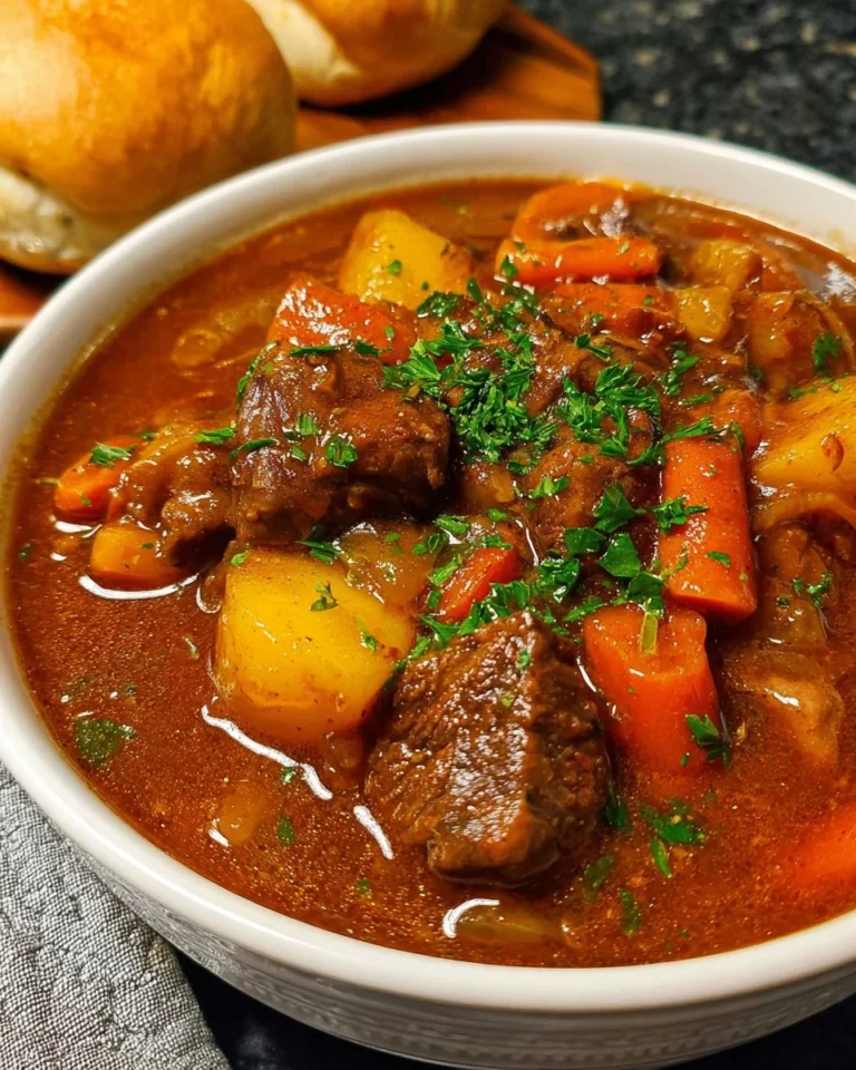 Delicious and hearty beef stew in a bowl, garnished with herbs.