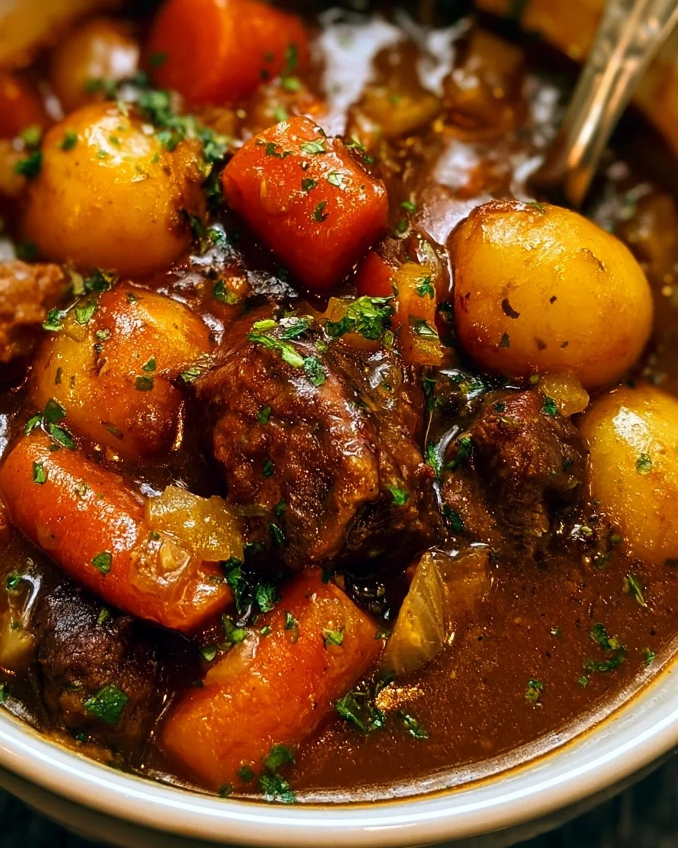 Delicious homemade beef stew with vegetables in a rustic bowl