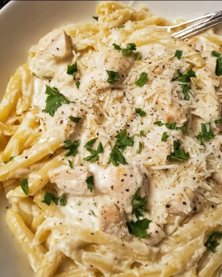 Creamy Crockpot Chicken Alfredo served in a bowl with parsley garnish.