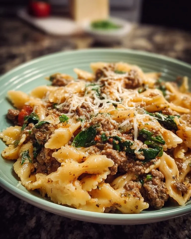 Cheesy crockpot ground beef pasta dish ready to serve
