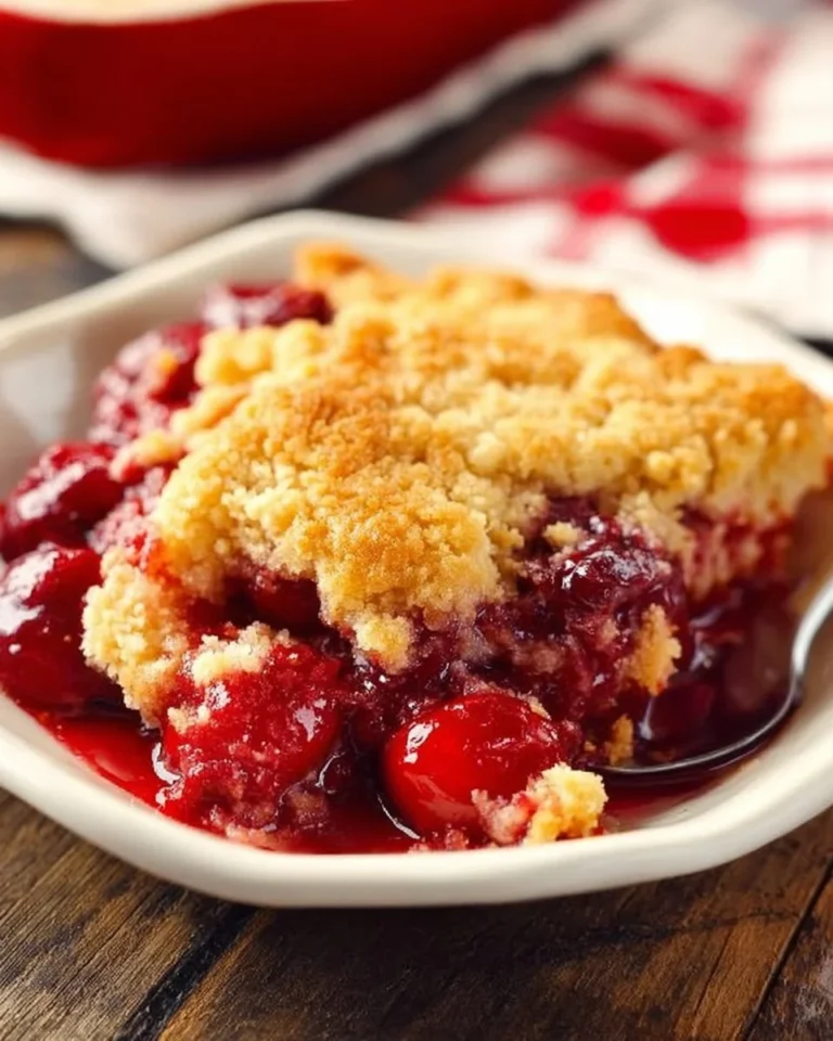 Delicious Cherry Dump Cake served with whipped cream