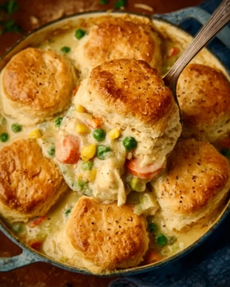 Homemade Chicken Pot Pie with Biscuits served in a baking dish