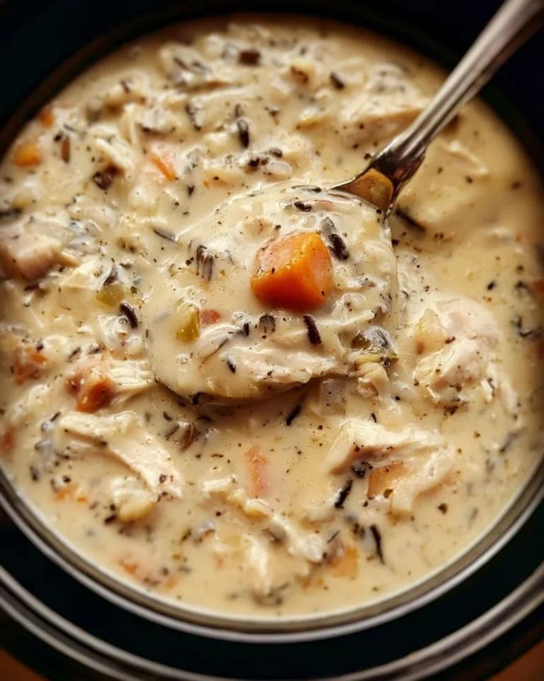 Bowl of easy chicken wild rice soup topped with herbs and served with bread.