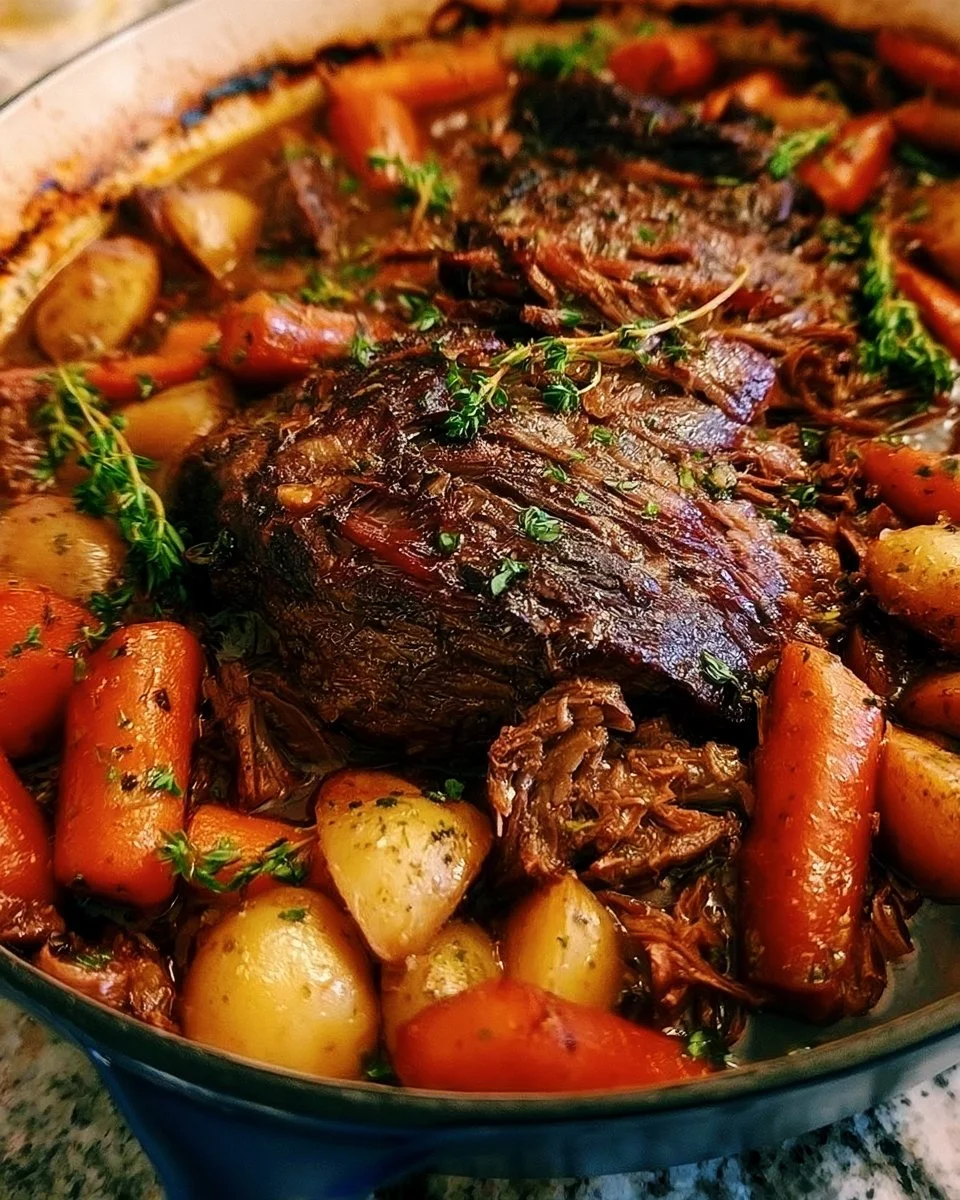 Delicious classic pot roast served with vegetables on a plate