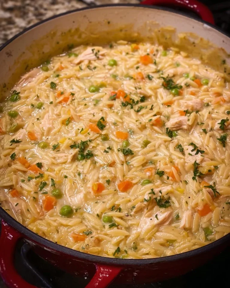 Creamy chicken pot pie with orzo in a hearty, delicious presentation