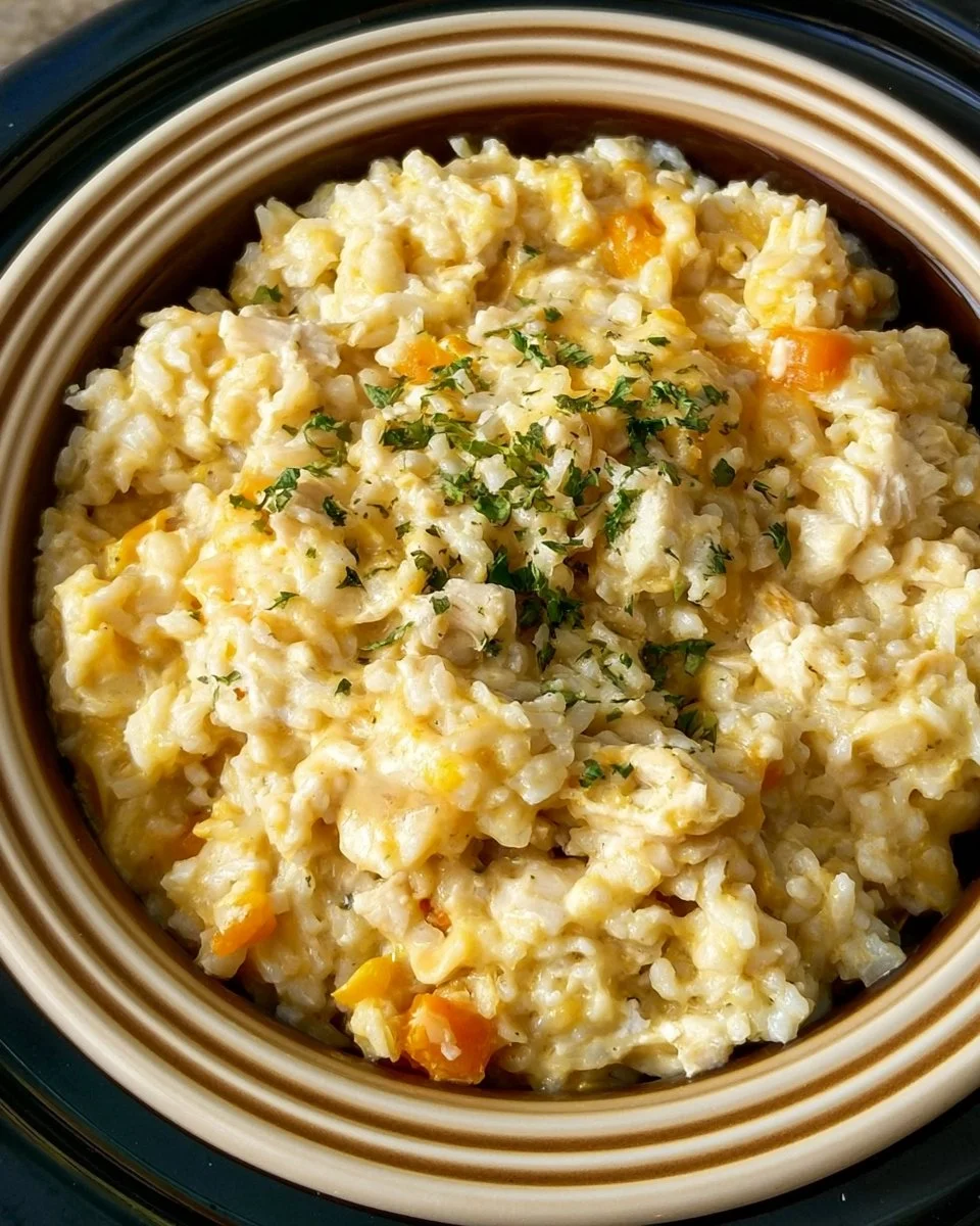 Creamy Crockpot Chicken and Rice in a serving bowl