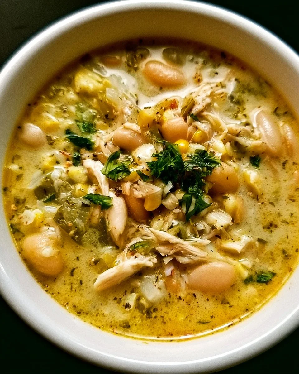 Creamy white chicken chili prepared with five simple ingredients