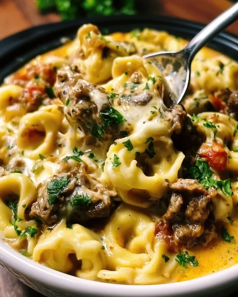 Delicious crock pot cheesesteak tortellini served in a bowl