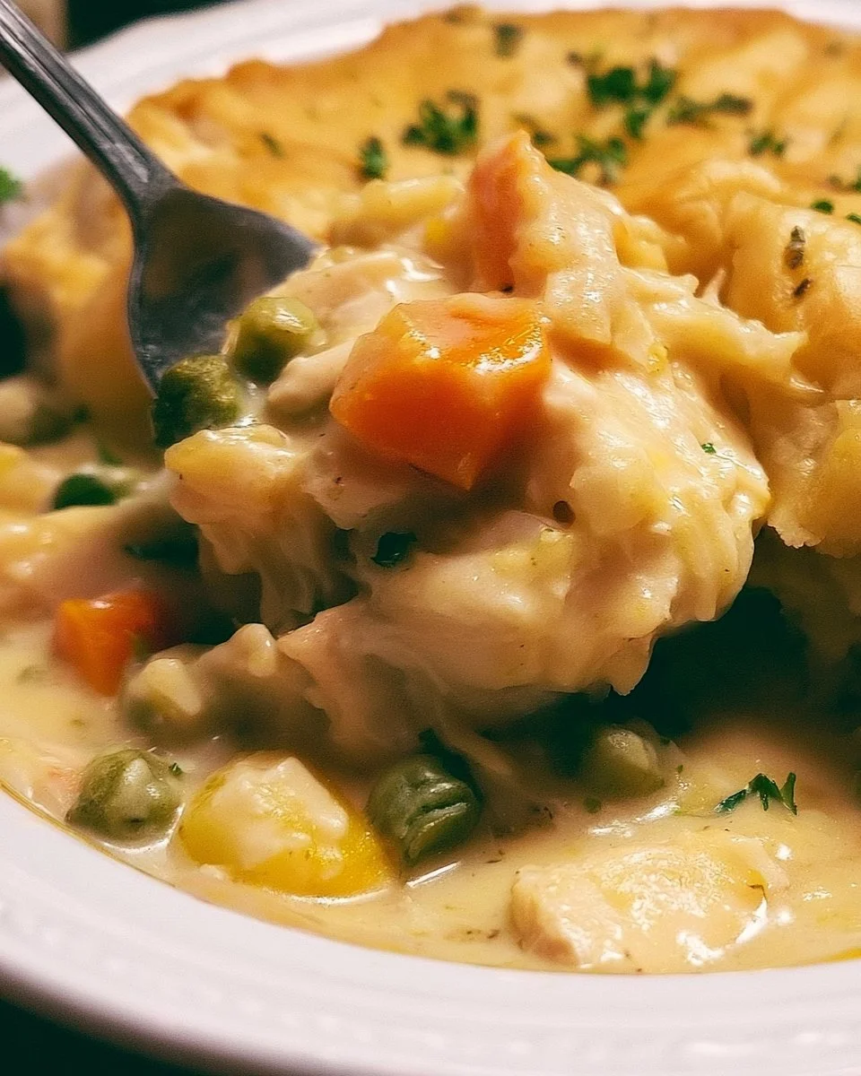 Hearty Crock Pot Chicken Pot Pie ready to serve for dinner