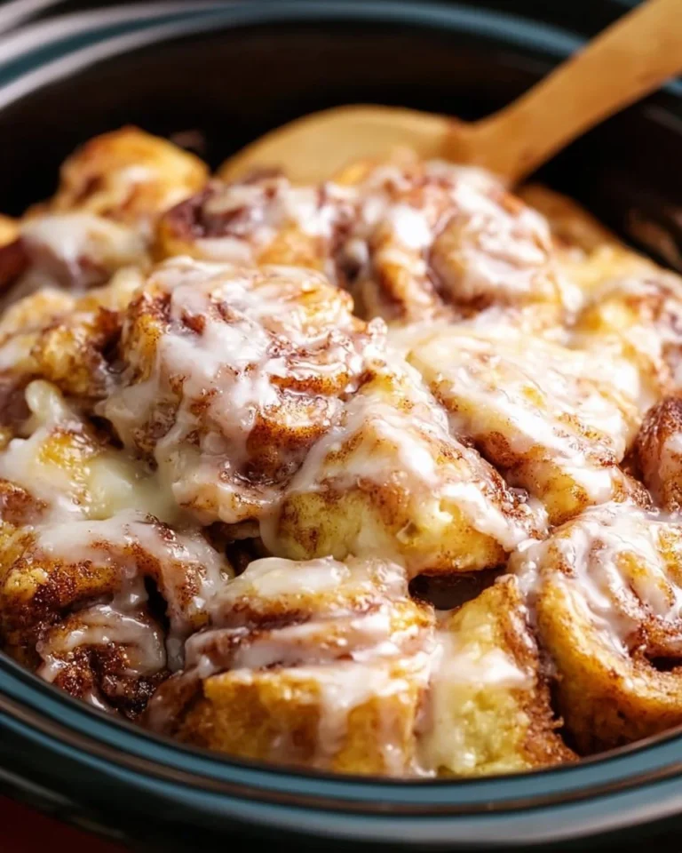 Crock Pot cinnamon roll casserole with icing served in a dish
