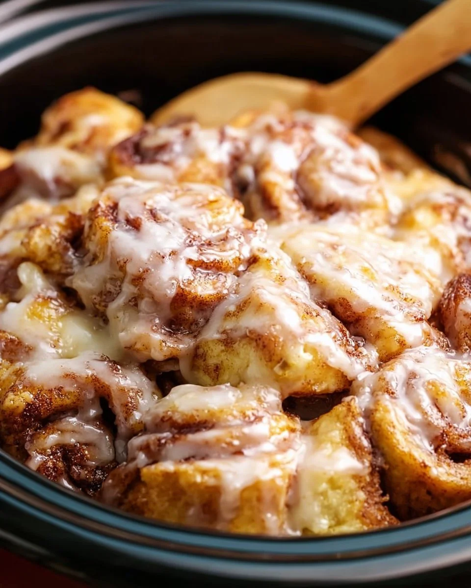 Crock Pot cinnamon roll casserole with icing served in a dish